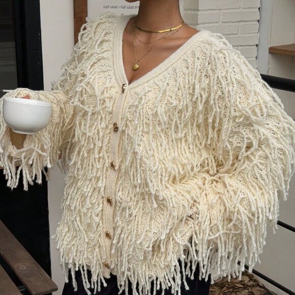 Beige Casual Women's V-Neck Metal Button Cardigan - Picture 4 of 6